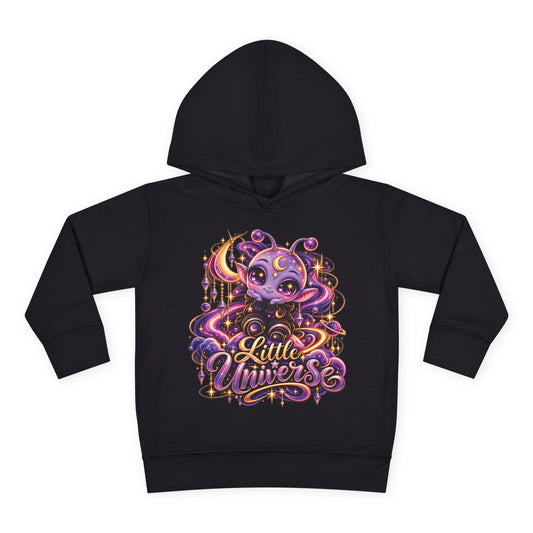 Black Little Universe toddler hoodie with purple-and-gold cosmic mascot front print